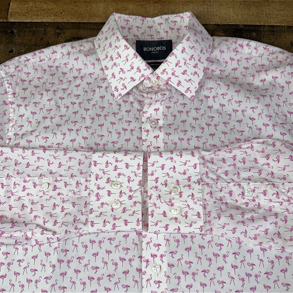 Bonobos Stretch Men's Pink Button Down Shirt Flamingo Print Slim Fit 33 16 1/2 - Picture 3 of 10